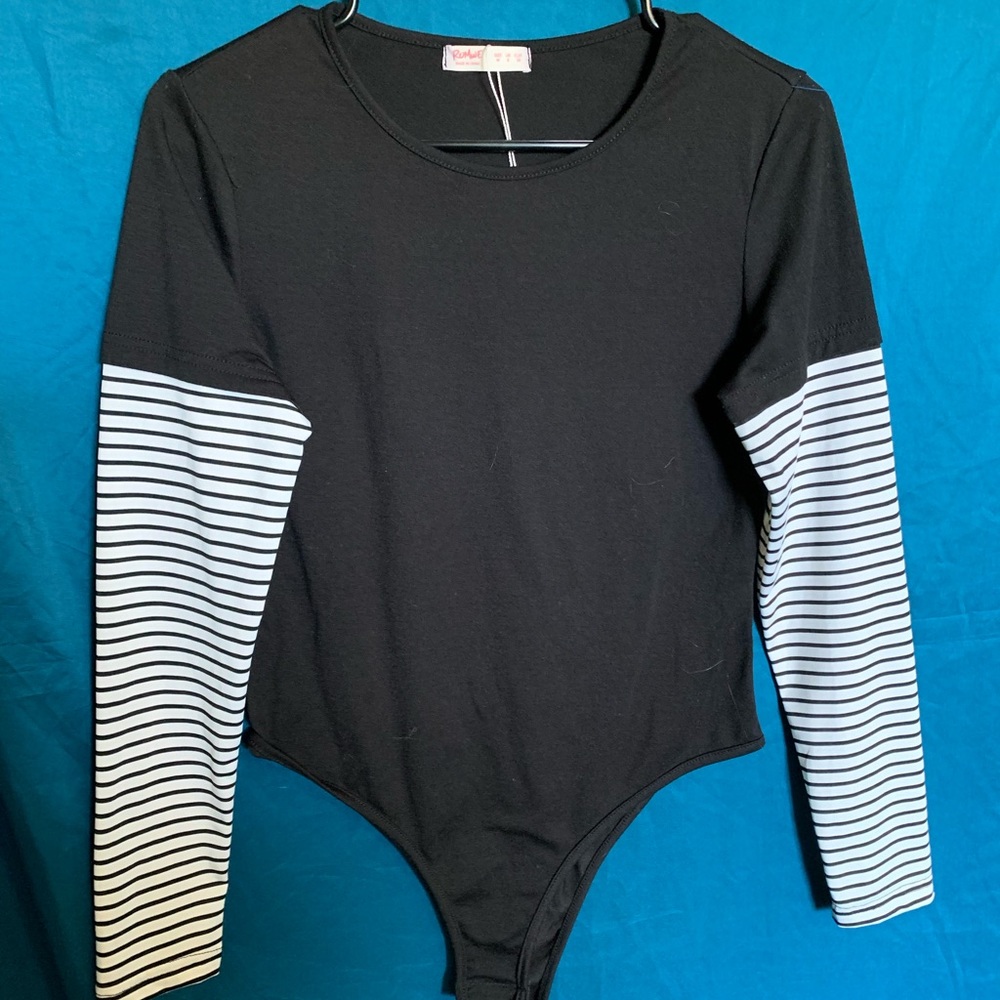Romwe Black And Striped Long Sleeve Body Suit